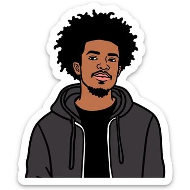 Black man with mid afro hairstyle wearing a black shirt and hoodie sticker