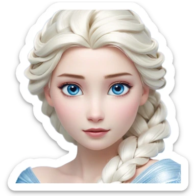 Cinematic Realistic Elsa Portrait, depicted with lifelike skin texture, soft natural lighting, and intricately detailed platinum blonde hair styled elegantly. Her striking, expressive blue eyes exude confidence and grace, complemented by a serene and regal expression. She is dressed in her signature icy attire, with shimmering fabric textures and delicate folds that catch the light beautifully. The portrait features a soft, enchanting glow with a cool, radiant finish, capturing the essence of timeless elegance in a realistic and painterly style, evoking a sense of depth and authenticity. sticker
