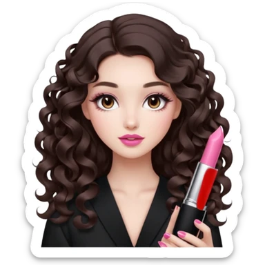 A girl with long dark brown hair styled in loose 36mm curls, beautiful round-almond eyes with long curled lashes in Douyin style. Her makeup is cool-tone neutral. She’s holding a pink lipstick similar to Rhode’s shade in one hand. sticker