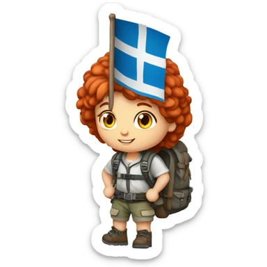 Female mountain climber red hair with Greek flag on backpack and holding Easter eggs basket sticker