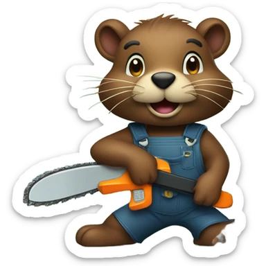 a beaver who is cutting the tree with the chainsaw sticker