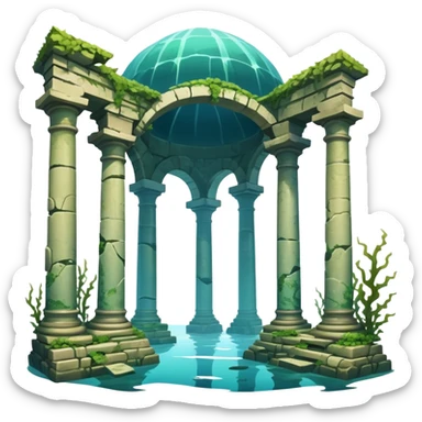Simple Atlantis underwater ruins, fallen columns, broken domes, ancient stone structures, minimal details sticker