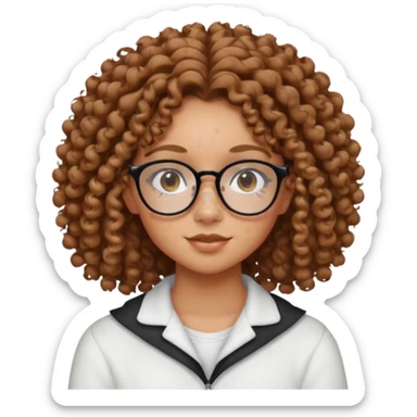 make a really curly hair, teen girl with glasses and little acne that looks like freckles longer like more than shoulder lengthcurly hair, and pretty withe makeup on giving clean girl vibes, and make her have tan skin

 sticker