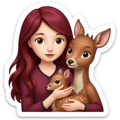 Beautiful burgundy long haired girl petting baby deer sticker