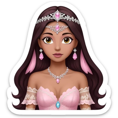 enchantress goddess wearing a embellished shimmering light powder white lace and swarovski pink gown with tanned skin and super long dark brown hair sticker