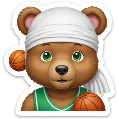 Cute brown bear with green eyes wearing a white durag and a basketball jersey visible only up to the shoulders, iOS emoji style sticker