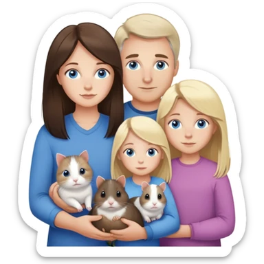 Family portrait with father with dark brown hair and blue eyes, mother with light brown hair and blue eyes, three blonde little girls with blue eyes, plus a grey cat and two guinea pigs sticker