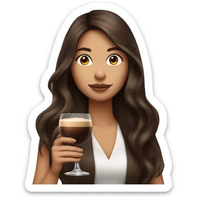 Brunette long haired girl holding an espresso martini sticker