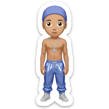 Eminem with periwinkle sequin baggy pants, shirtless with necklace sticker