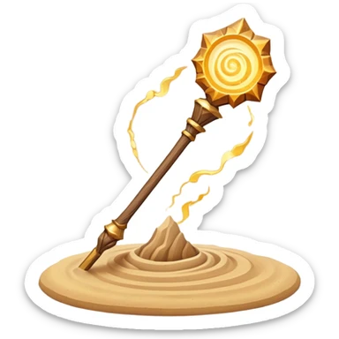desert sand mage staff object icon, ancient wooden staff, swirling sand crystal on top, glowing golden aura, small floating sand particles, fantasy desert style, 3D cartoon, mobile game icon style, centered, clean background, soft shadow, no text, no watermark
 sticker