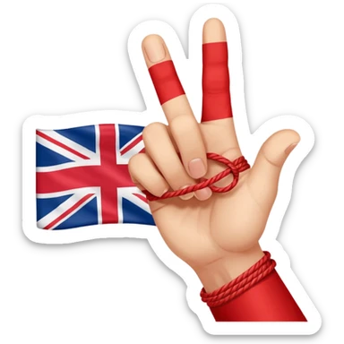 a hand with red string tied up to the pinky finger which shows a British-Hong Kong flag to the red thread of fate sticker