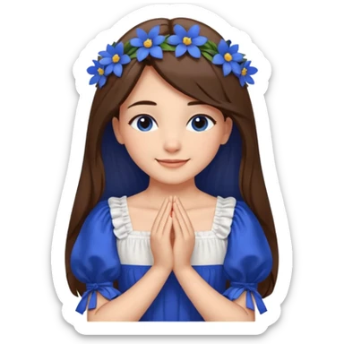Generate a girl with her eyes closed and smiling and Boht her hands under the chin, palms facing upwards. She should be wearing a white dress with cobalt blue flowers on the dress and puffed sleeves. She has ling straight hair. Only her face and chest is visible. sticker