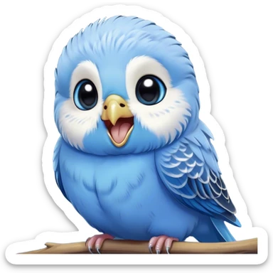 Cinematic Cute Yawning Blue Budgie Portrait Emoji, Head tilted slightly with a dramatic, wide-open yawn, showcasing a soft, downy blue feathered fur with gently drooping wings, round dark eyes barely open in drowsy contentment, Simplified yet irresistibly adorable features, highly detailed, glowing with a soft, cozy glow, high shine, relaxed yet expressive, stylized with a touch of whimsy, bright and endearing, soft glowing outline, capturing the essence of a sleepy yet affectionate budgie, so drowsy it feels like it could stretch out of the screen and curl up for a nap! sticker