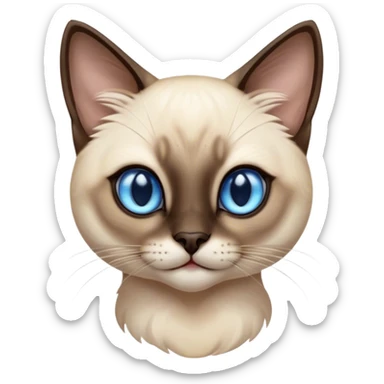 Cinematic Cute Siamese Cat Portrait Emoji, Head tilted playfully and inquisitively, sleek cream-colored fur with rich, contrasting dark points on the ears, face, paws, and tail, striking sapphire-blue eyes, Simplified yet irresistibly adorable features, highly detailed, glowing with a warm, friendly glow, high shine, affectionate and curious, stylized with a touch of whimsy, bright and endearing, soft glowing outline, capturing the essence of a mischievous yet loving kitten, so playful it feels like it could pounce out of the screen and into your arms! sticker
