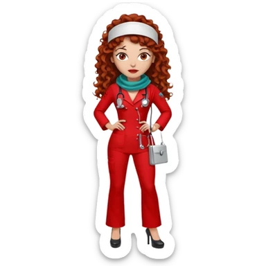 Sensual Spanish Lilith core evil surgeon.red outfit.  Surgeon has hazel eyes. Her hair is BROWN. Hair is also  long and  curly. wearing a sexy surgeon outfit with platform  heels.she is a calculated smart killer. She covers only her mouth and nose with silk scarf to hide identity  sticker