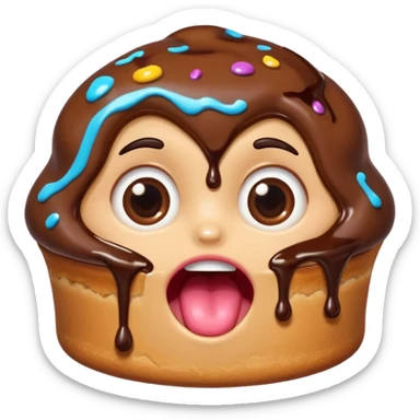 Funny cartoon chocolate mini pastry, wide shocked eyes, messy chocolate dripping, open mouth, chibi style, Twitch emoji style, transparent background, colorful
 sticker