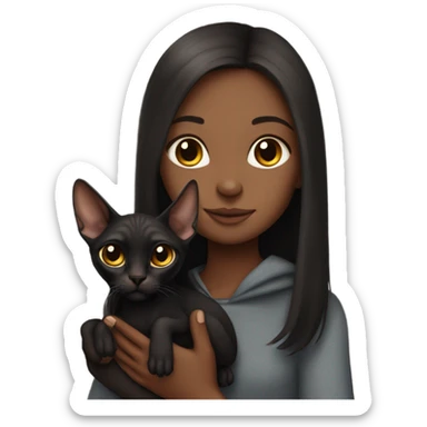 Black sphinx cat in the arms of a girl with long brown hair sticker