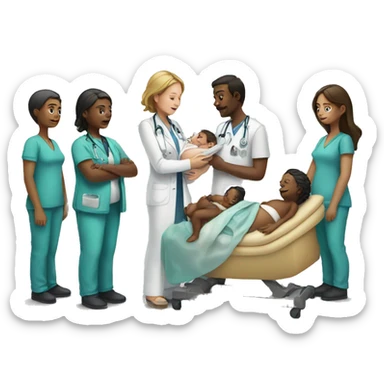 a woman gives birth and doctors stand nearby sticker