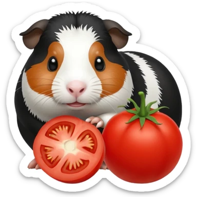 Black and white guinea pig eating tomato sticker