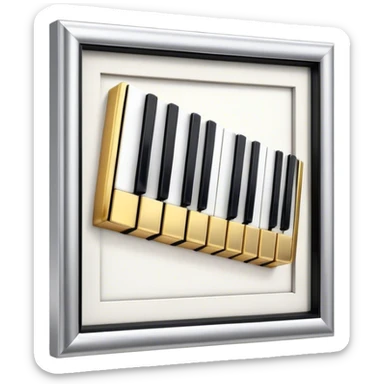 Create an elegant and festive emoji collage representing keyboard instruments, styled like a heraldic emblem. The design should feature a central focal point of black and white piano keys, arranged in a semi-circular or shield-like shape. Around the piano keys, add intertwining musical notes that form flowing ribbons, creating a dynamic and celebratory atmosphere. The design should be professional, with polished silver and gold accents on the keys and notes, highlighting the luxury and sophistication of the instruments. Add subtle shading and lighting effects to give the design a refined, 3D appearance. The background should remain transparent, and the overall feel should evoke grandeur, artistry, and a sense of celebration. sticker