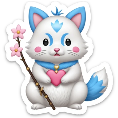 GENERATE ME A MOMONGA WHITE ANIMAL  FROM CHIIKAWA AND PUT A SAKURA FLOWER ON HIS HEAD AND A STAR PELT ON HIS BELLY AND A HEART PURSE ON HIS ARM WITH HIS FACE MAKE HIS TOUNGE STICK OUT WITH A LITTLEPINCH OFDROOL AND MAKE HIM ANIME STYLED ART GIVE HIM A BIG BLUE FLUFFY TAIL sticker