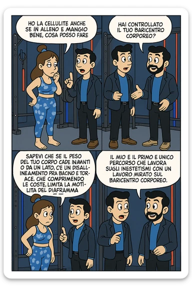 TRASFORMA QUESTO CAROSELLO IN UN FUMETTO STILE FUMETTO TOPOLINO CON QUESTE DUE PERSONE IDENTICHE CHE INTERLOQUISCONO TRA LORO:

LEI: Ho la cellulite anche se mi alleno e mangio bene, cosa posso fare?

LUI: Hai controllato il tuo baricentro corporeo?
LUI: Sapevi che se il peso del tuo corpo cade in avanti o da un lato, c’è un disallineamento fra bacino e torace, che comprimendo le coste, limita la motilità del diaframma e l’ossigenazione dei tessuti?
LUI: Il mio è il primo e unico percorso che lavora sugli inestetismi con un lavoro mirato sul baricentro corporeo. sticker