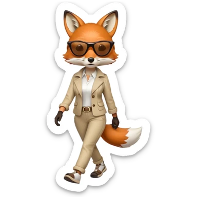 serious anthropomorphised female fox in stylish casual outfit with sunglasses, walking with confidence, full-body sticker