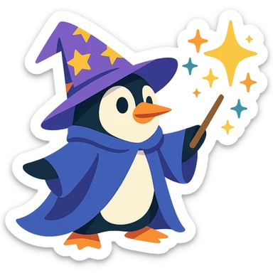 penguin wizard casting a spell with sparkles, whimsical cartoon style sticker