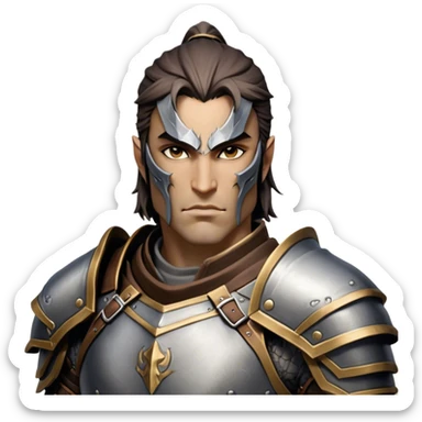 Cinematic Realistic WoW Human Warrior Portrait, head tilted epicly and inquisitively, showcasing a commanding presence and heroic grace. His chiseled features, resolute eyes, and meticulously crafted steel armor with leather accents in harmonious greys and bronzes are rendered with lifelike clarity and dramatic lighting, high shine, epic and awe-inspiring, embodying the spirit of a warrior poised for battle. sticker