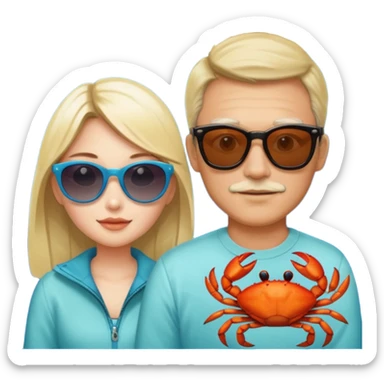 Men and girl Alaska crab are moving wearing a sunglass and 海港薈 sticker
