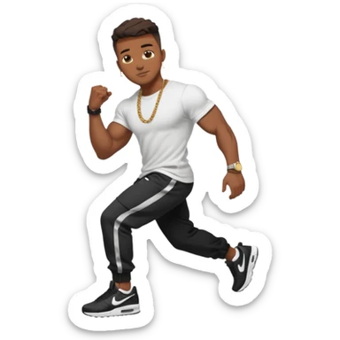 Handsome Black guy with brown skin tone, with muscular build, wearing black sweatpants, a white t-shirt, black Nike air max, a small chain, and a watch  sticker