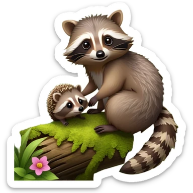 Collage of an exotic raccoon and a hedgehog, both curiously exploring a forest setting with moss and small flowers. The raccoon is perched on a tree branch, and the hedgehog is nestled in the underbrush. Vibrant nature backdrop. Transparent background. sticker