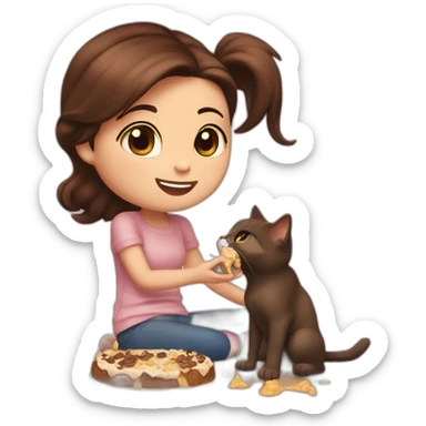 Girl short brown hair and half tail,eating nutella,  with mickey mouse ears, petting a cats, sticker