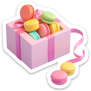 macaron box with ribbon, glossy finish, cute and festive, pastel color palette, iOS 3D emoji style sticker