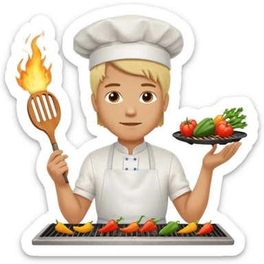 man with tied blond hair and and a white apron grilling vegetables on a sizzling grill sticker