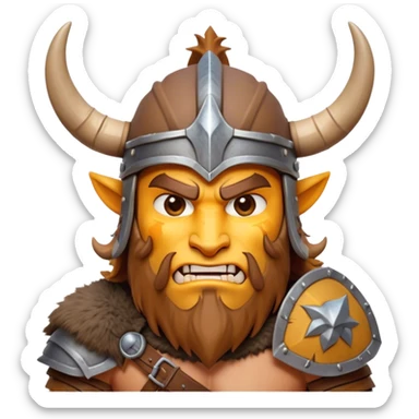 Clash of Clans style: Cinematic Fierce Barbarian Portrait Emoji, Poised and bold with a rugged, cartoonish build in tattered furs and a whimsical horned helmet, bright expressive eyes and a confident smirk, Simplified yet dynamic features, highly detailed, glowing with a vivid, adventurous aura, high shine, heroic and spirited, stylized with an air of medieval warrior charm, focused and energetic, soft glowing outline, capturing the essence of a fearless barbarian adventurer ready to lead his clan with spirited valor! sticker