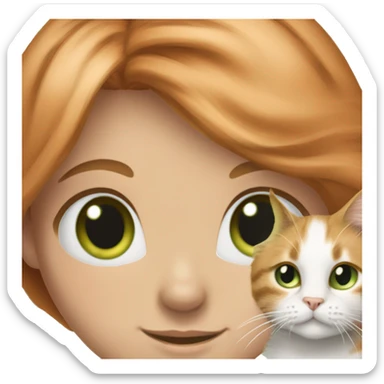 girl, green eyed,with long strawberry blonde-ginger hair (mix of that two hair colours as one) holding a tabby cat, with white fur in shape of collar and also green eyed sticker