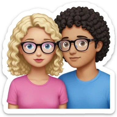 intimate moment between lovers, boy he has, blonde hair black glasses and blue eyes and a black shirt, Girl with a mixed skin tone, she has dark brown curly hair, pink glasses, and a pink shirt sticker