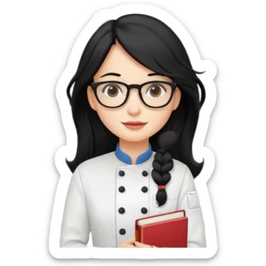 Profesora de pastelería, piel blanca con gafas y pelo negro largo y con una pizarra detrás y libros sticker