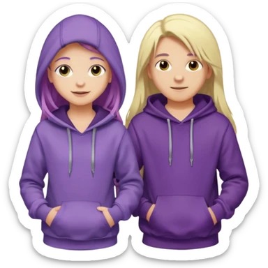 full-length happy couple, girl with long purple hair and gray eyes in lilac hoodie, boy with blonde hair in black hoodie sticker