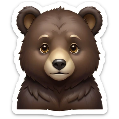 Cinematic Noble bear cub Portrait Emoji, Poised and regal, with a large, imposing build and a thick, well-groomed rich dark brown fur, deep-set soulful eyes, Simplified yet sharp and sophisticated features, highly detailed, glowing with a soft, dignified glow, high shine, intelligent and formidable, stylized with an air of wild majesty, focused and attentive, soft glowing outline, capturing the essence of a watchful and commanding guardian, so majestic it feels as though it could lumber out of the screen with effortless authority! sticker