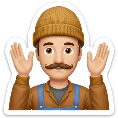 Woodworker mustache knit cap Carharttk shirt hand raised above head sticker