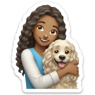 Please create a girl who hugs her pet doggie. The girl has a cute face and so does the doggie. The girl has light skin, blue eyes and light wavy long hair. sticker