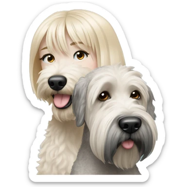 pretty woman blonde hair blue eyes hugging a white and gray soft coated wheaten terrier dog with bangs over one dog eye sticker