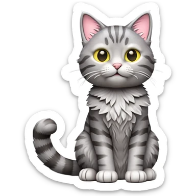cinematic-[grey tabby cat]-realistic-full-body-sitting-emoji,-tail-curled-playfully-around-its-paws,-head-tilted-dramatically,-scruffy-[grey]-fur,-simplified-yet-realistic-focused-features,-highly-detailed,-glowing-with-an-almost-sarcastic-glow sticker