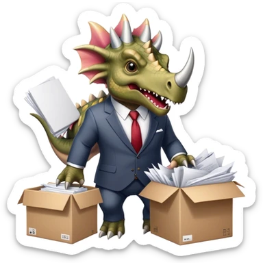angry office triceratops in a suit holding a huge boxe bursting with a lot of documents and papers sticker