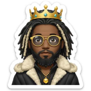 African American man with beardwith shoulder length black dreadlocks wearing black sunglasses with black bubble winter coat weariring a crown on his head sticker