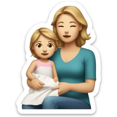 White mom with light brown hair two year-old daughter with light brown hair holding a napkin to her nose sitting on her mom’s lap sticker