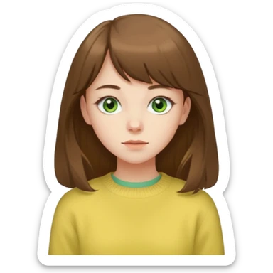 please create an emoji of a semi pale girl with long brown hair with a thin bang, green eyes, wearing a pastel yellow sweater sticker