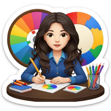 female dark wavy long hair graphic designer , big color wheel behind , pens, papers, desktop sticker